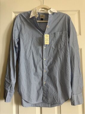 J. Crew Men’s Blue Pinstripe Dress Shirt with White Contrast Collar